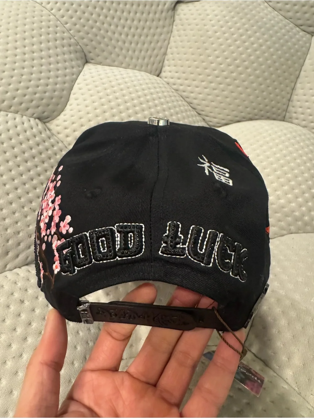 Black Baseball LA Cap with Rhinestones Pink Dragon & Embroidered Characters